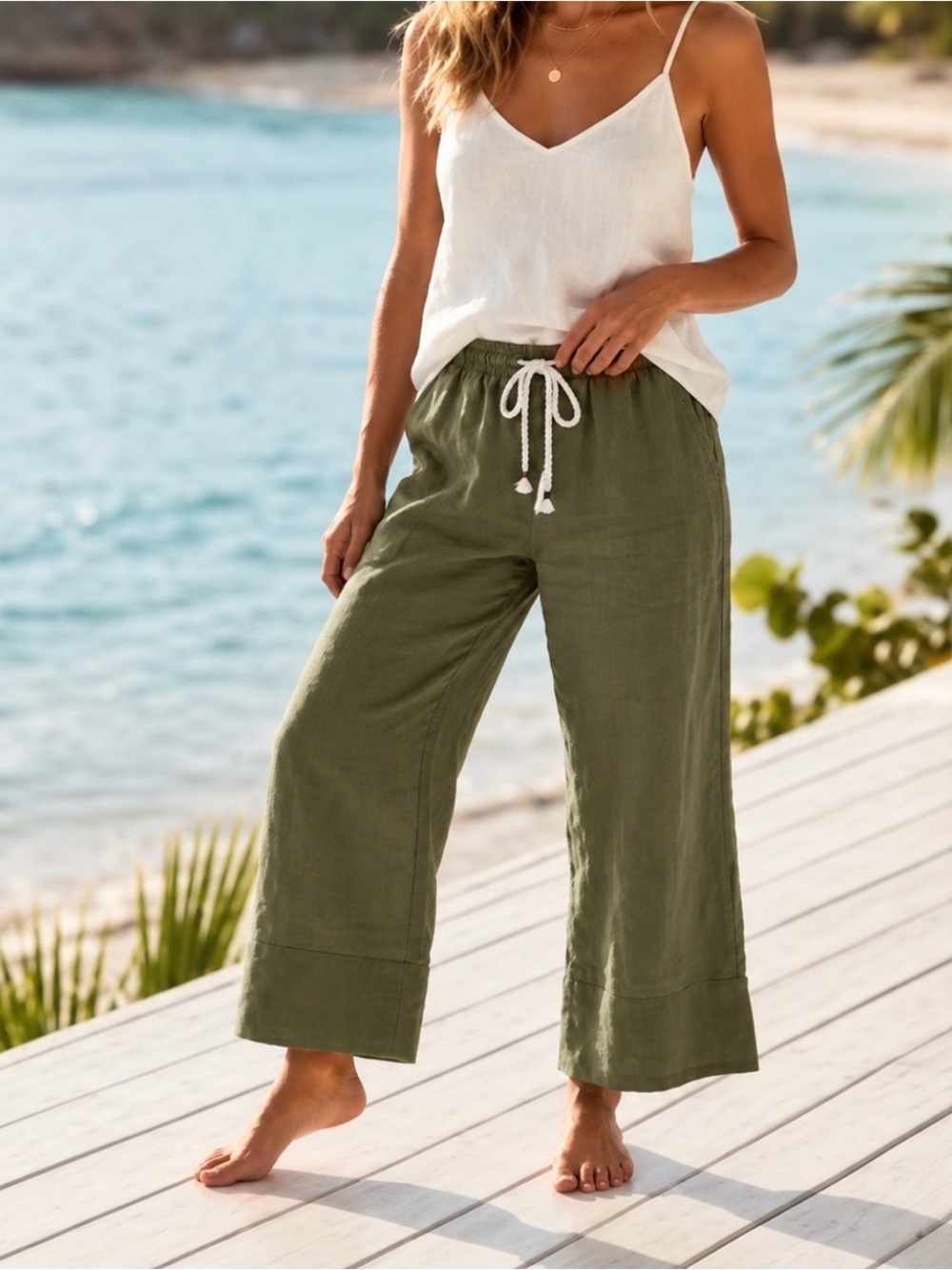 Calypso St. Bart XS olive 100% linen tie waist relaxed coastal wide leg pant